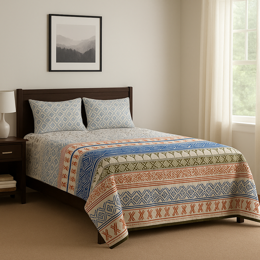 Bedroom with a bed featuring a patterned quilt and pillows, nightstand with lamp, and framed picture on the wall.