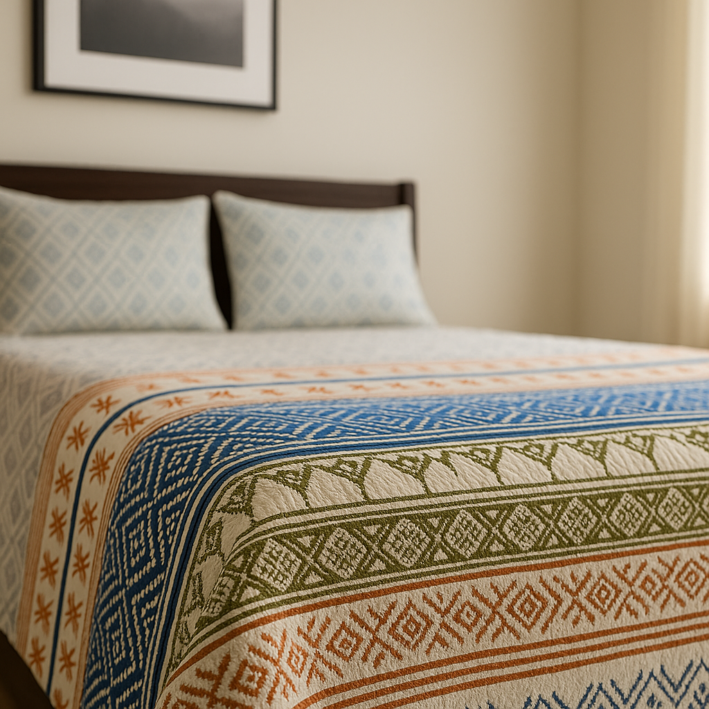 Bed with patterned bedding in a room setting