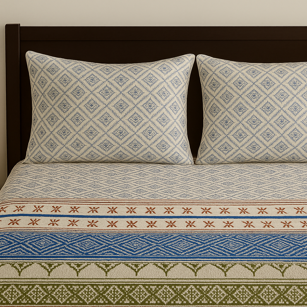 Patterned bedspread with decorative pillows on a bed against a beige wall.