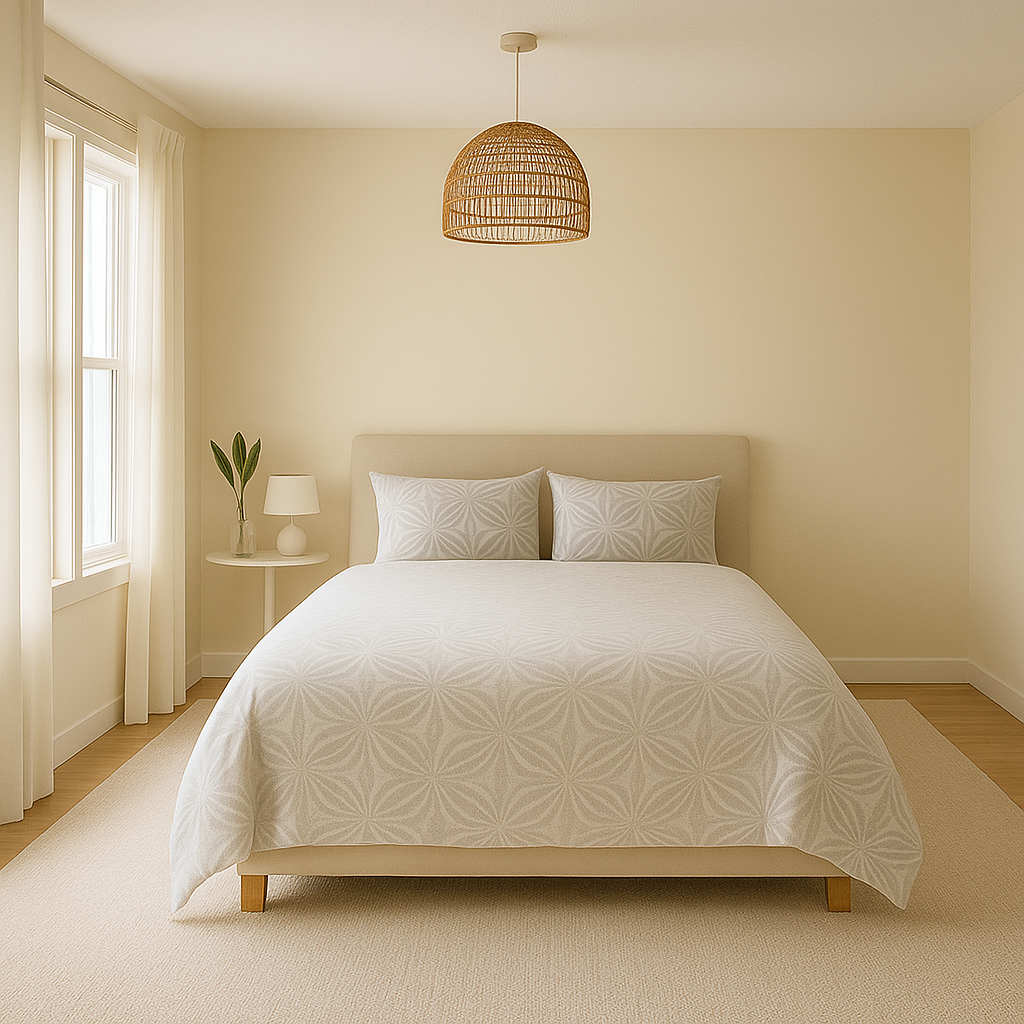 Neatly made bed with white bedding in a bedroom setting.