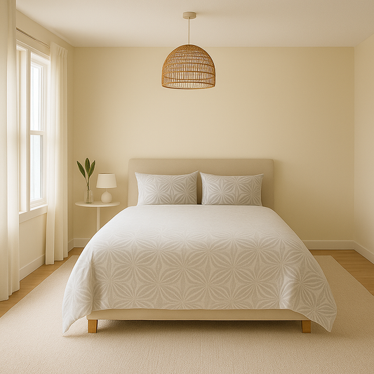 Neatly made bed with white bedding in a bedroom setting.