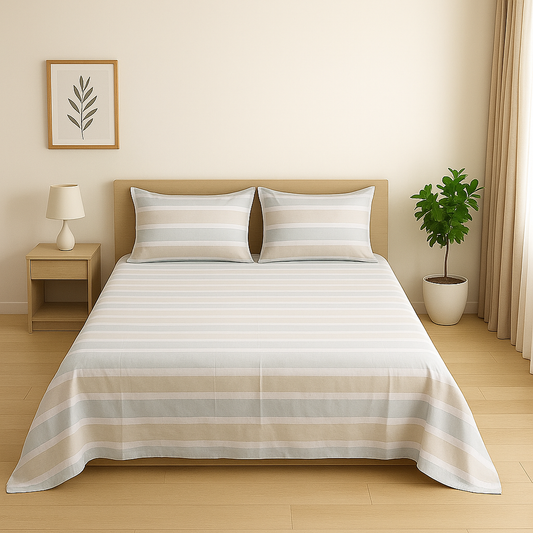 beige white stripped bedsheet