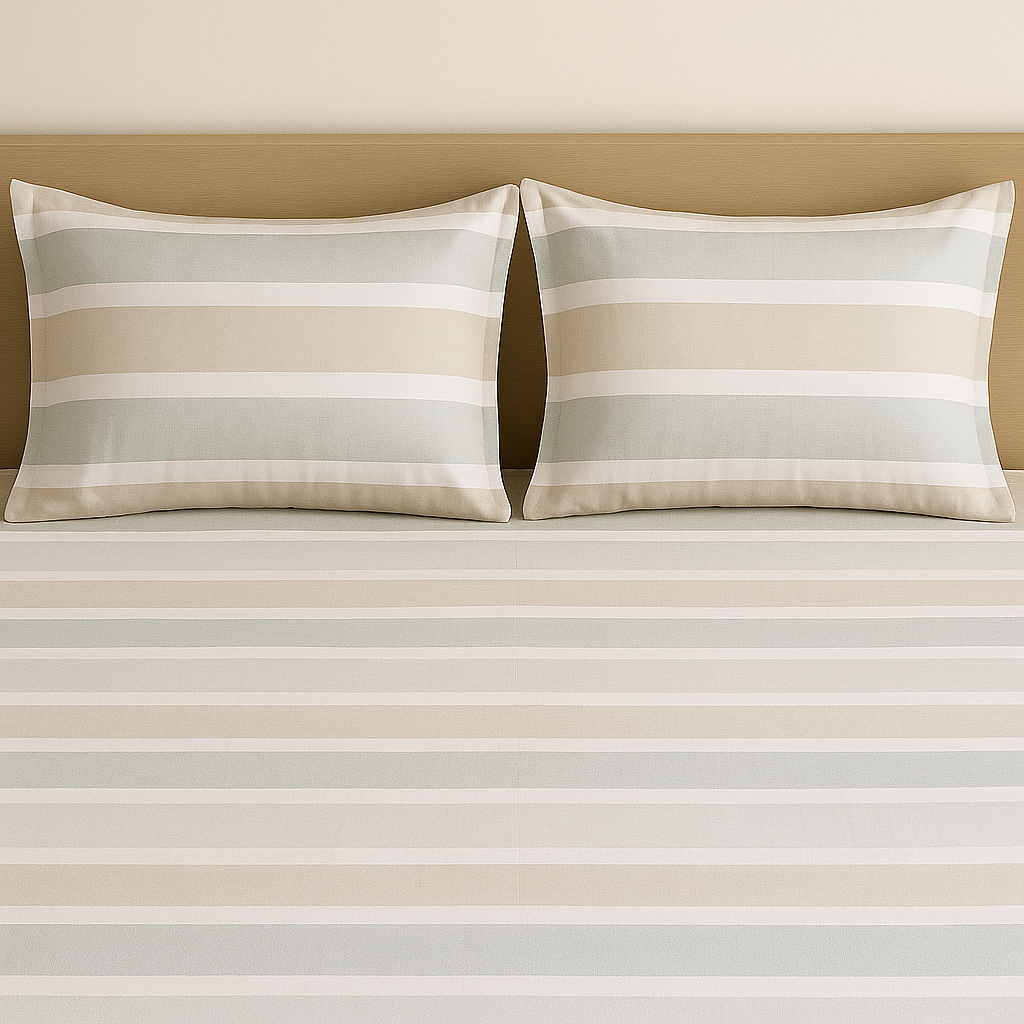 Striped bed sheets with matching pillows on a bed.