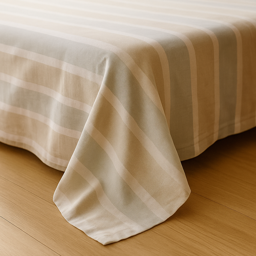 Striped bedspread on a bed with wooden floor in the background