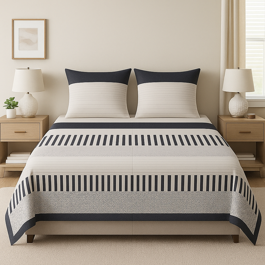 black and white striped bedsheet pillow set