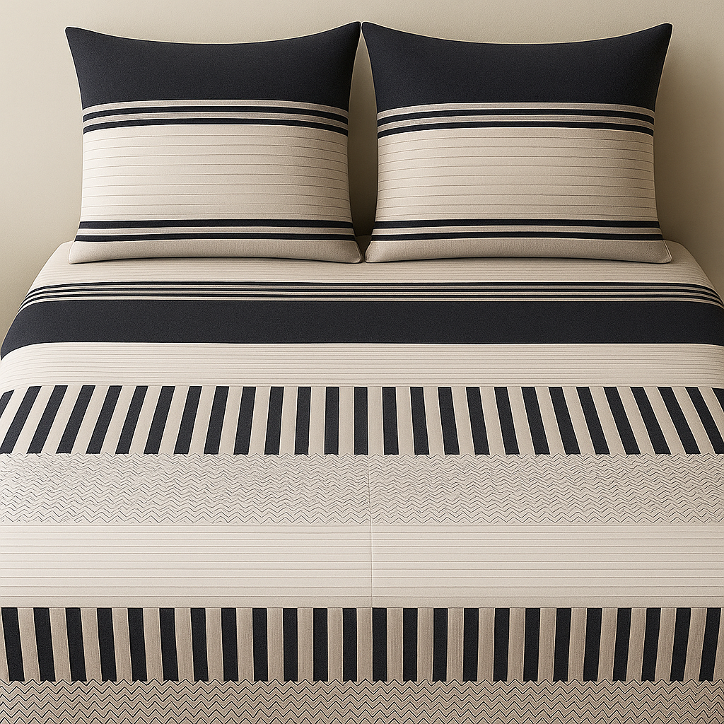 Striped bedding set with black and white pattern on a bed.