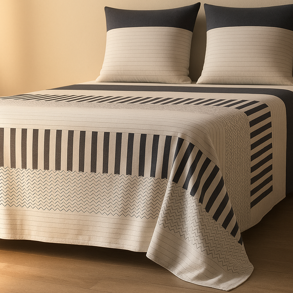 Beige and black striped bedspread on a bed with matching pillows.