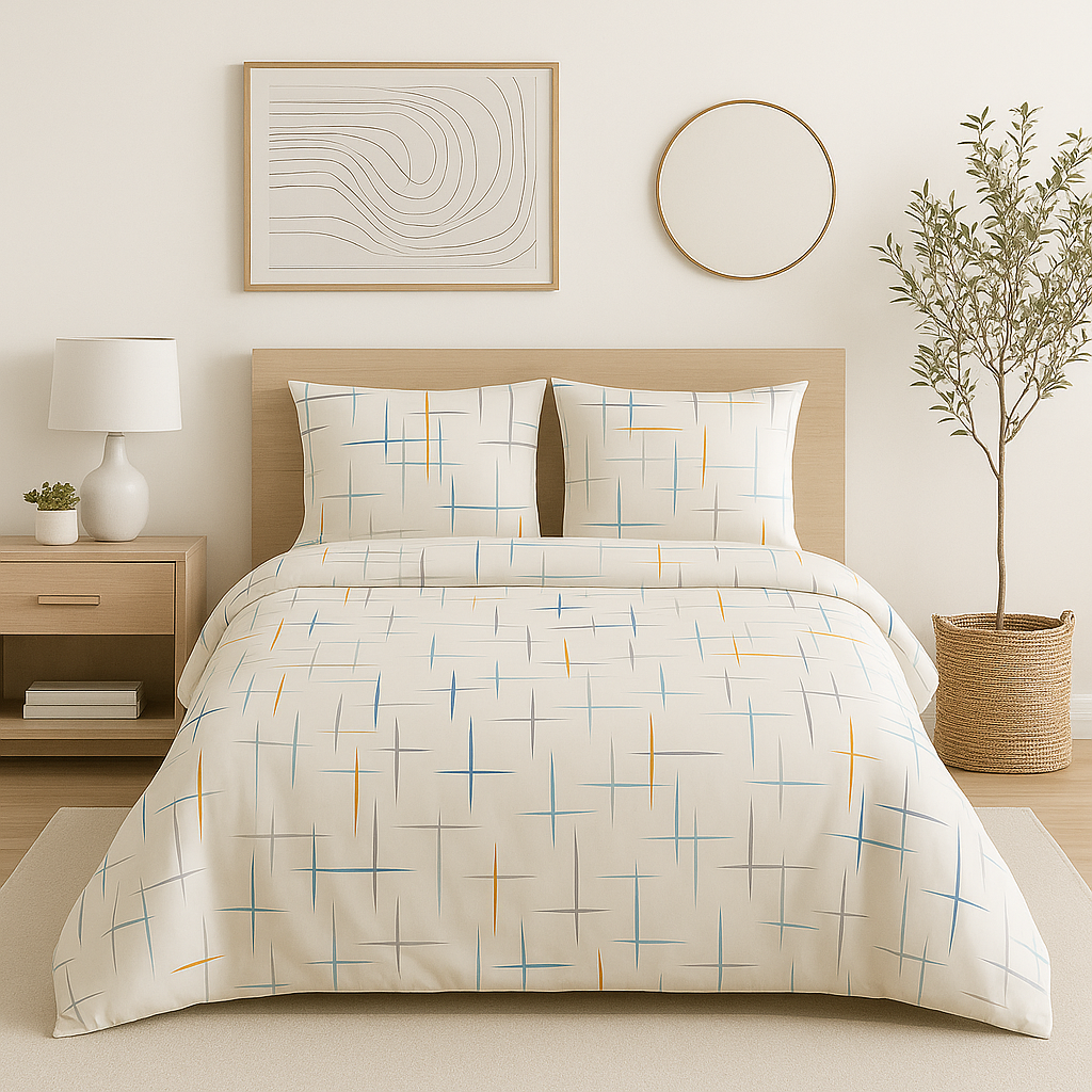 Neatly made bed with a geometric patterned comforter in a bedroom setting.