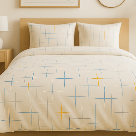 Beige bedspread with geometric pattern on a bed in a bedroom setting