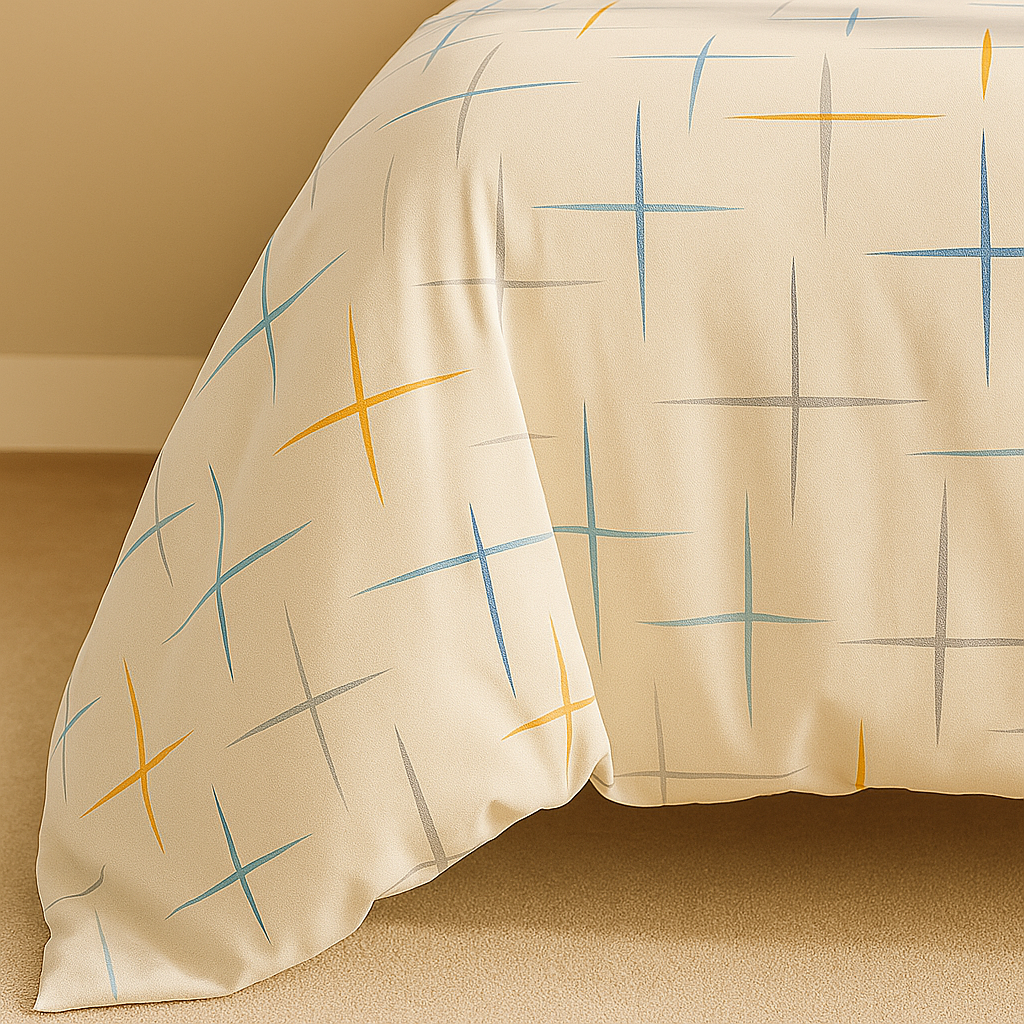 Beige comforter with blue and orange cross patterns on a beige background