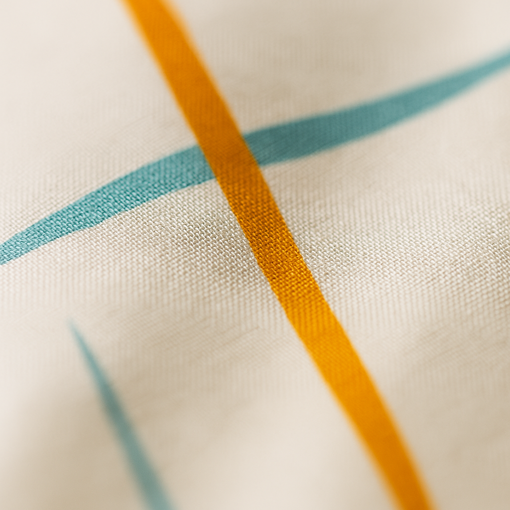 Close-up of fabric with orange and blue stripes on a white background