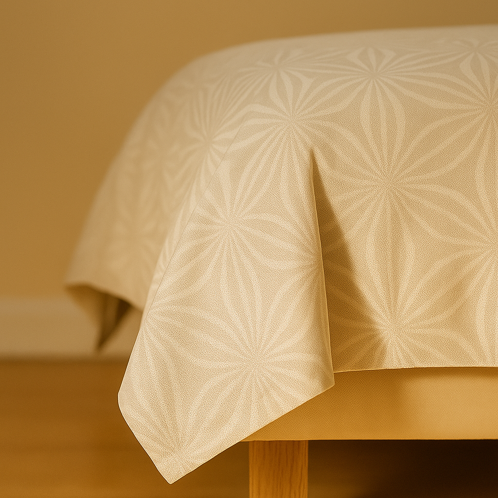 Beige textured tablecloth on a wooden table with a blurred background