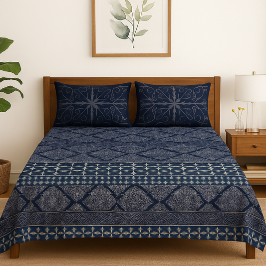 Bed with blue patterned bedding and wooden headboard in a bedroom setting.