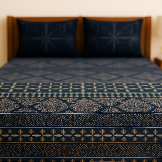 Bed with a patterned blue and black bedspread and pillows.