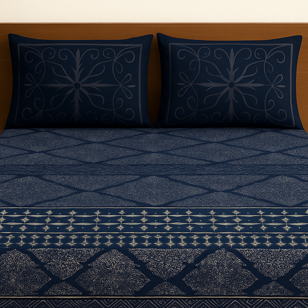 Navy blue patterned bedspread with matching pillows on a wooden bed frame.