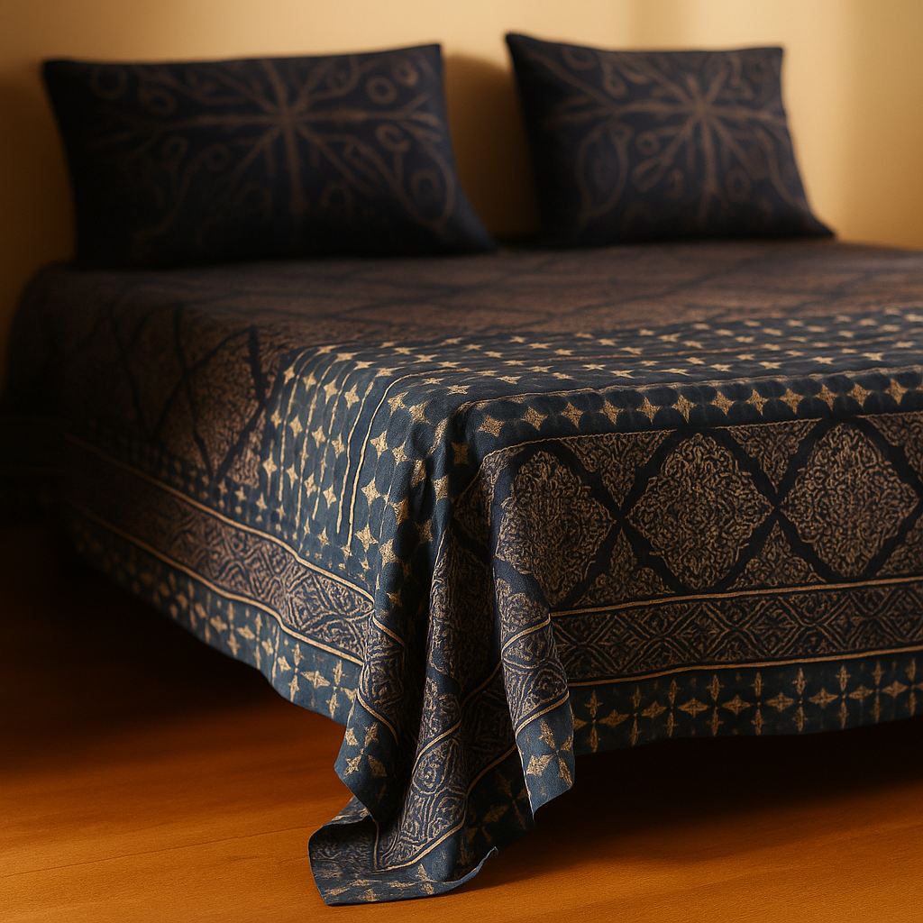 Bed with a dark blue patterned quilt and pillows on a wooden floor.