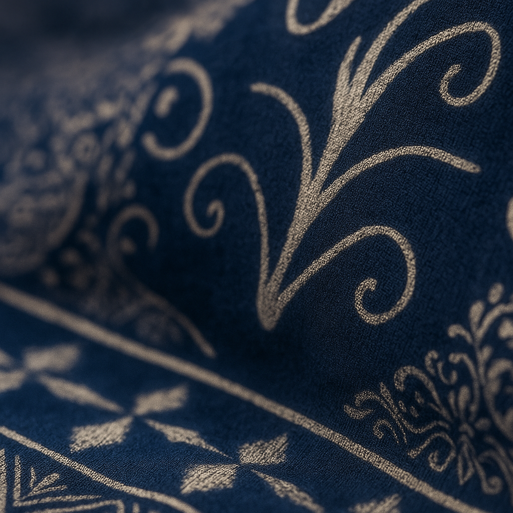 Close-up of a dark blue fabric with intricate white floral patterns