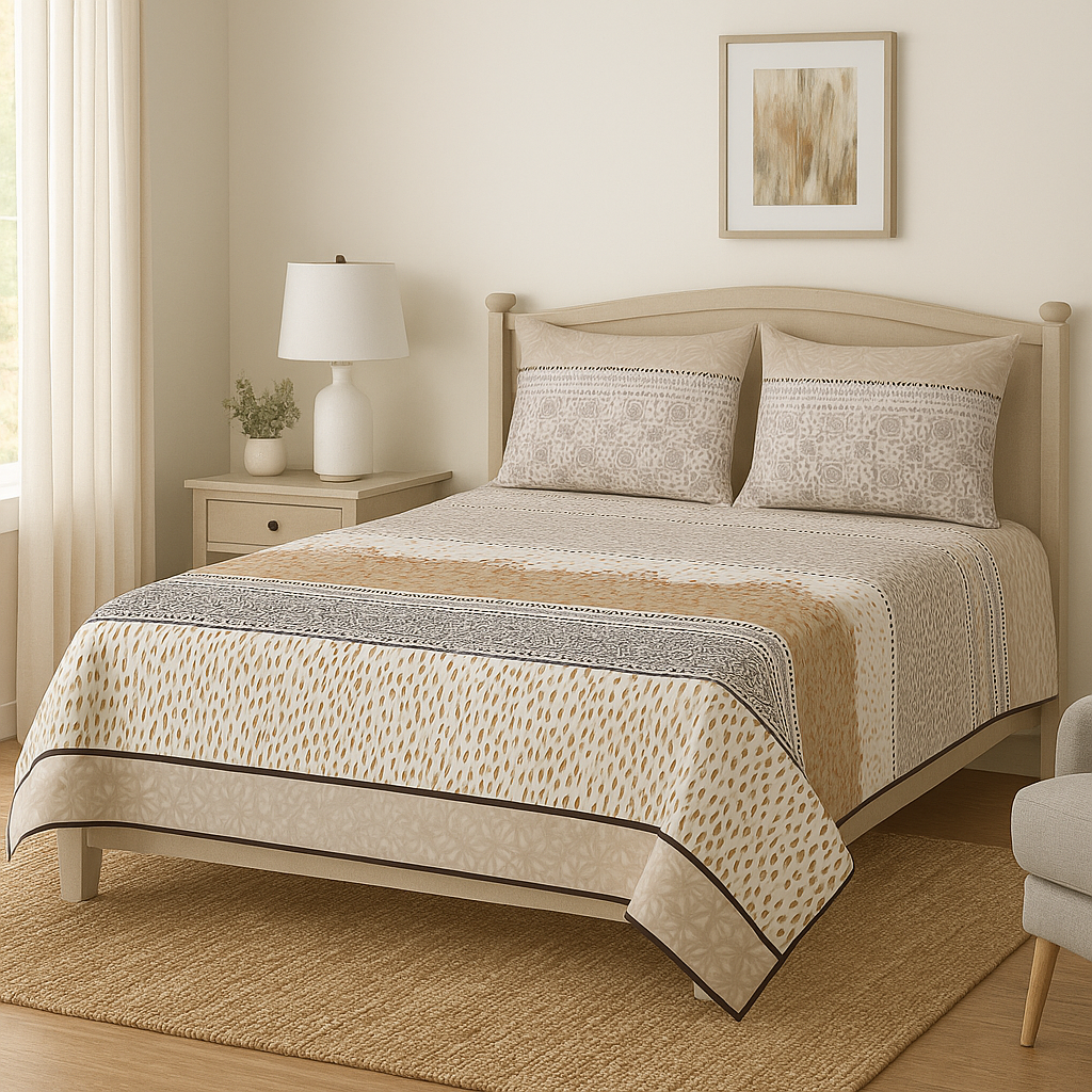 Neatly made bed with beige and brown bedding in a bedroom setting.