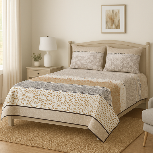 Neatly made bed with beige and brown bedding in a bedroom setting.