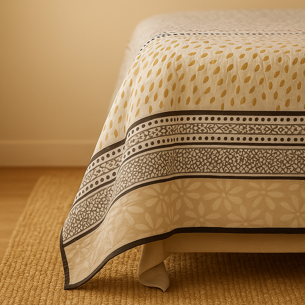 Patterned bedspread on a bed with a beige wall and wooden floor in the background