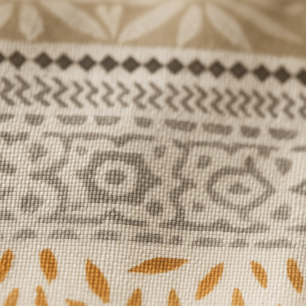 Close-up of fabric with geometric pattern and leaf design