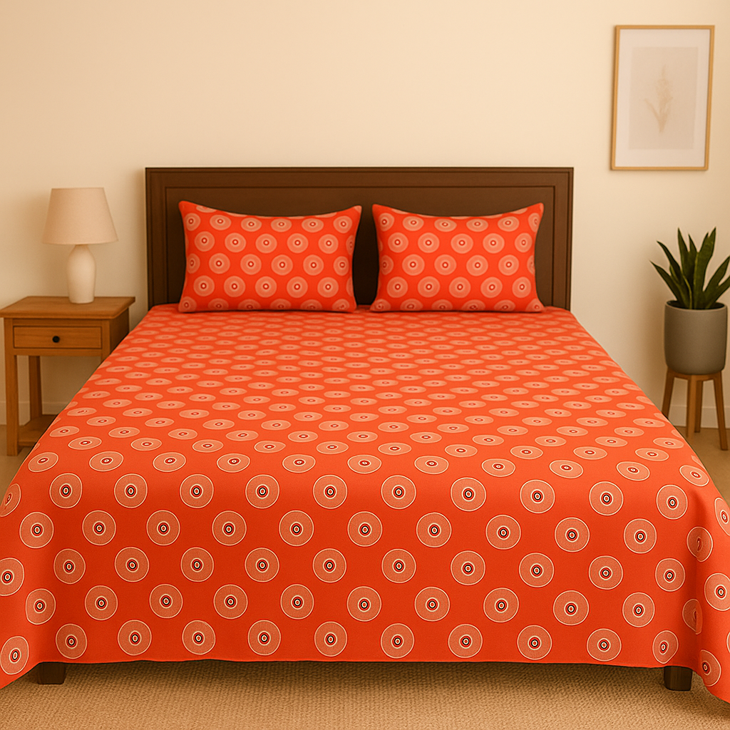 Orange patterned bedspread on a bed in a bedroom setting with a lamp and plant.