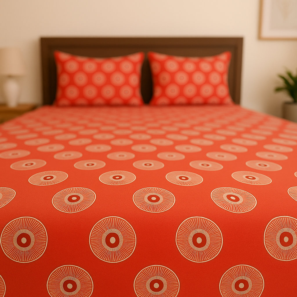 Red bedspread with circular patterns on a bed in a bedroom setting.