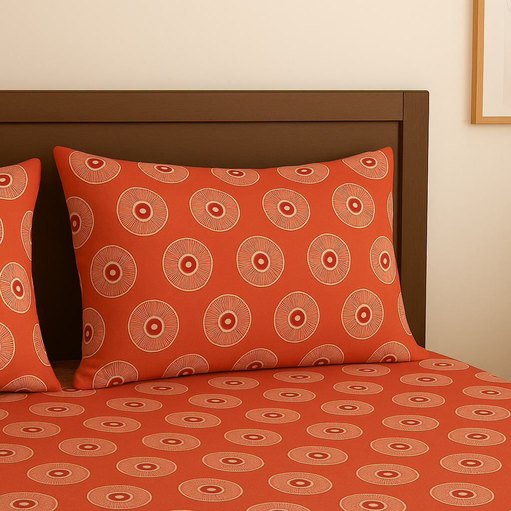 Red patterned pillows and bedding on a bed with a wooden headboard.
