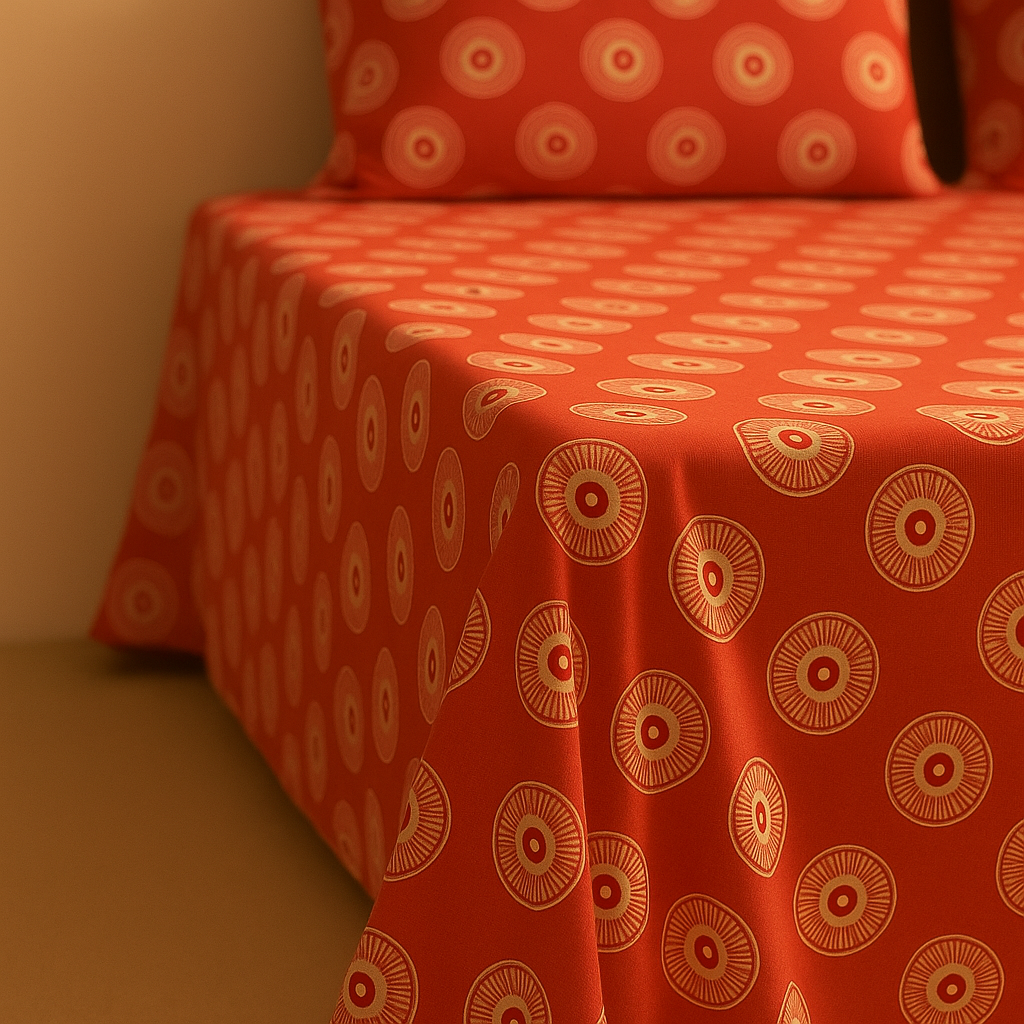 Red patterned bedspread on a bed with a neutral background