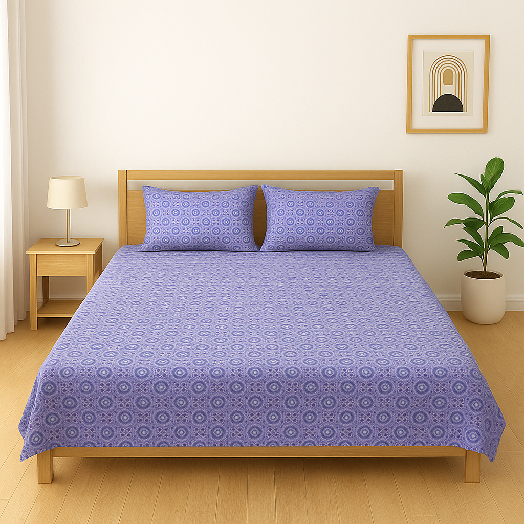 Bed with purple patterned bedding in a room with a lamp, plant, and wall art.