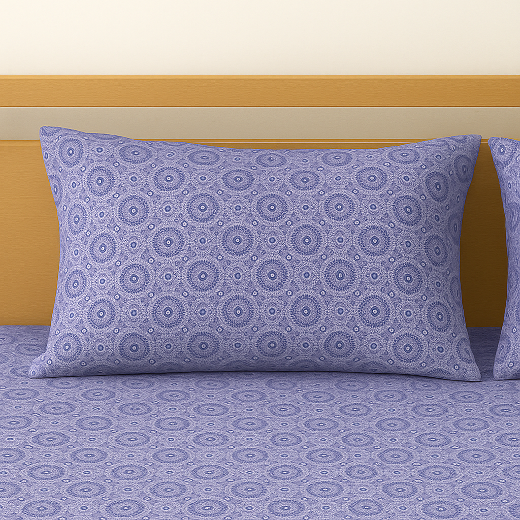 Blue patterned pillow and bedding on a bed with a wooden headboard.