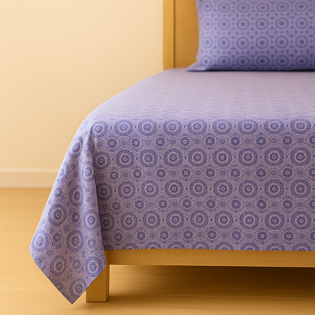 Bed with a patterned blue cover and matching pillow on a yellow background