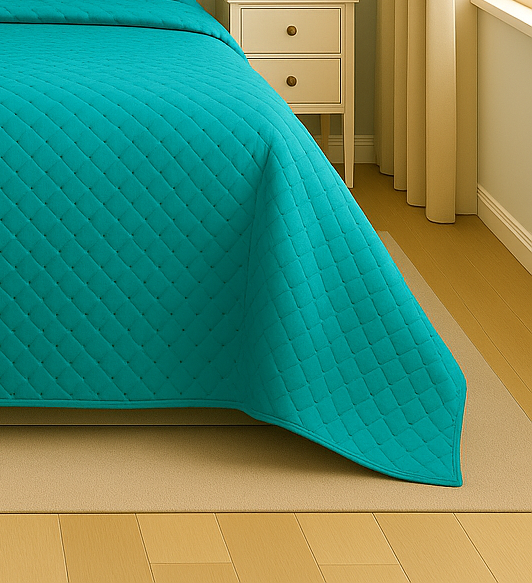 Turquoise quilt on a bed in a bedroom setting with wooden flooring and a nightstand.