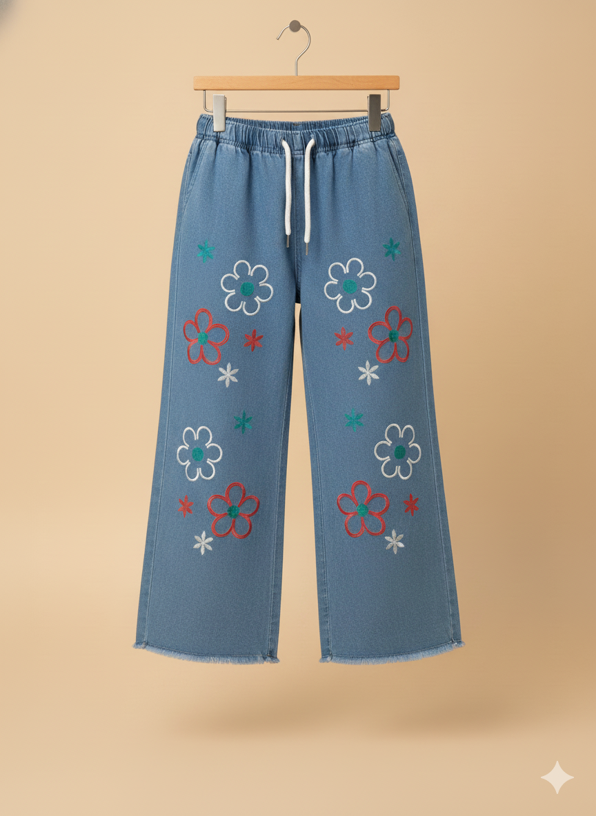 Blue jeans with floral embroidery on a beige background