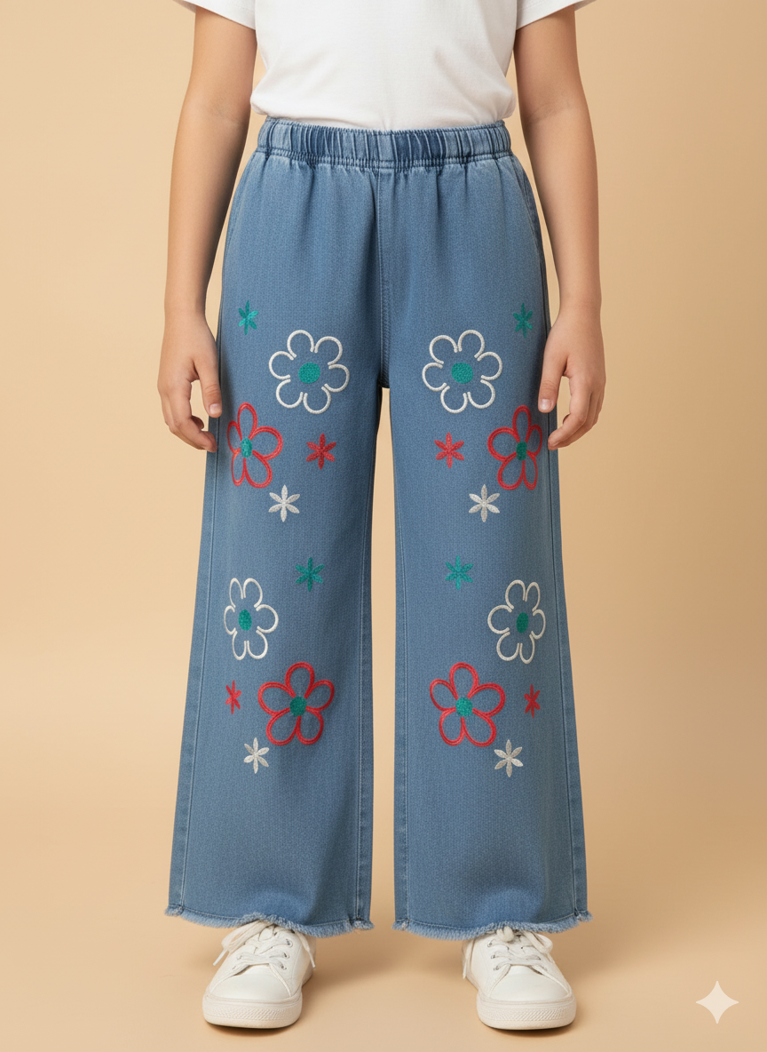 Girls’ Colorful Floral Embroidered Denim Jeans – Light Blue KFJ-T002