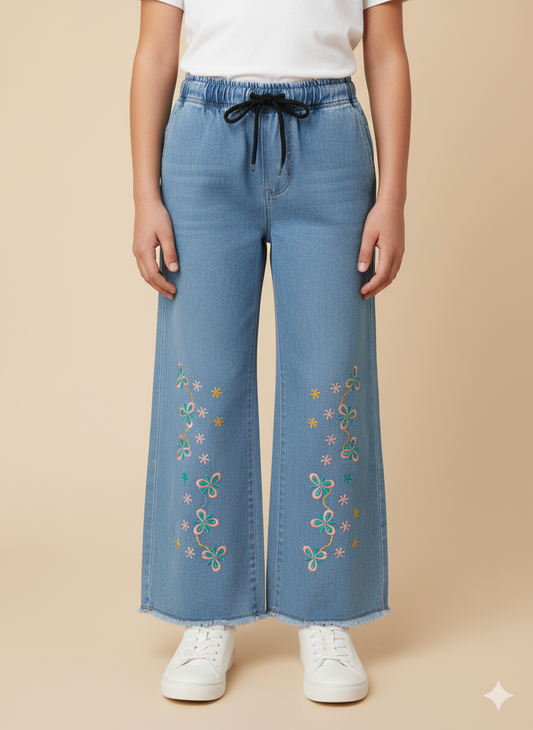 Girls’ Embroidered Floral Denim Jeans – Light Blue KFJ-T003