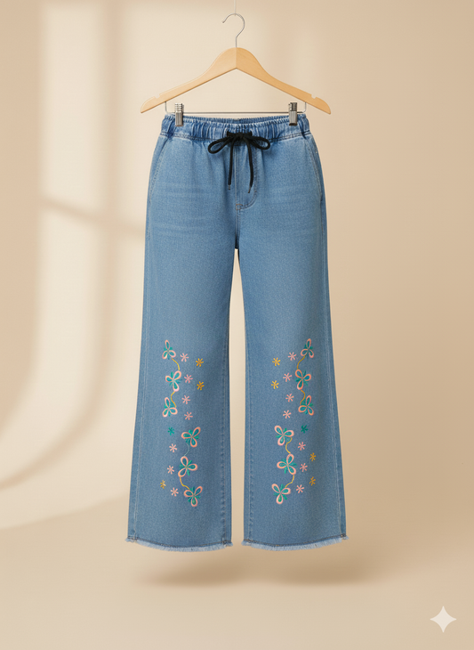 Girls’ Embroidered Floral Denim Jeans – Light Blue KFJ-T003