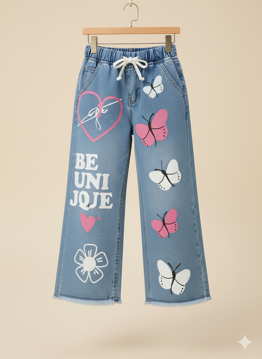 Girls’ “Be Unique” Butterfly Print Jeans KSJ-T001