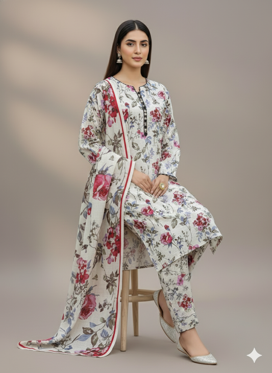 Off-White & Maroon Floral  Kaddar Unstitched 3-Piece Suit  Floral-LKUS-T001