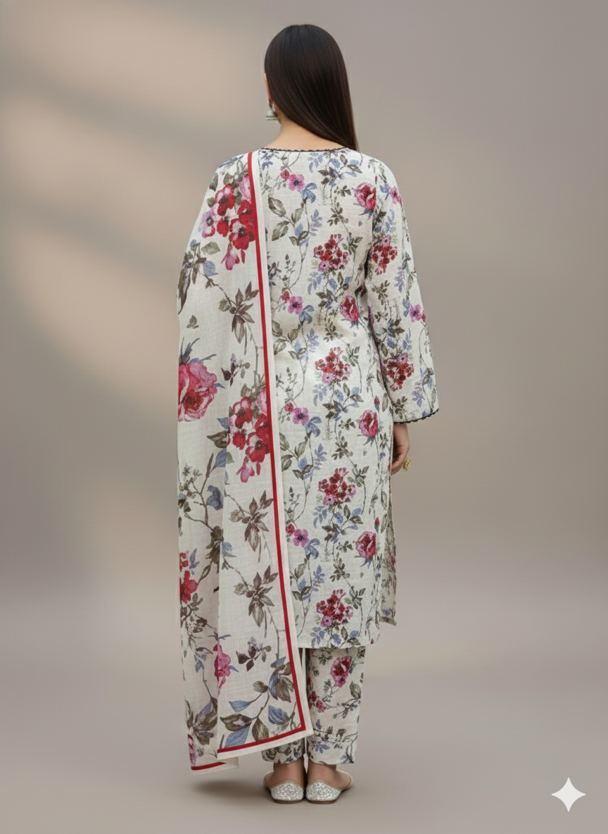 Off-White & Maroon Floral  Kaddar Unstitched 3-Piece Suit  Floral-LKUS-T001