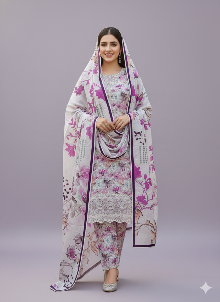 White & Purple Kaddar Unstitched 3-Piece Suit Floral-LKUS-T002