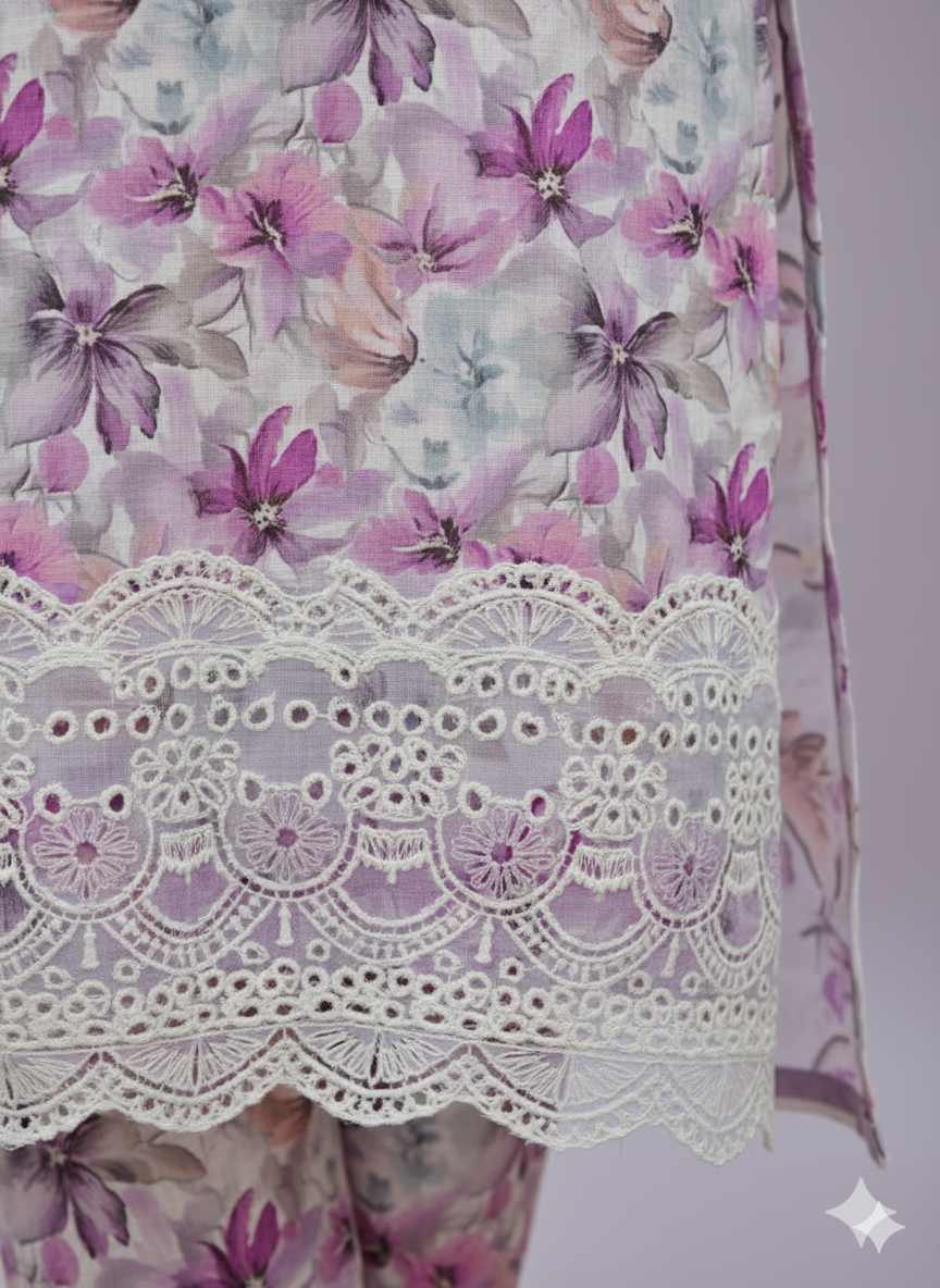 White & Purple Kaddar Unstitched 3-Piece Suit Floral-LKUS-T002