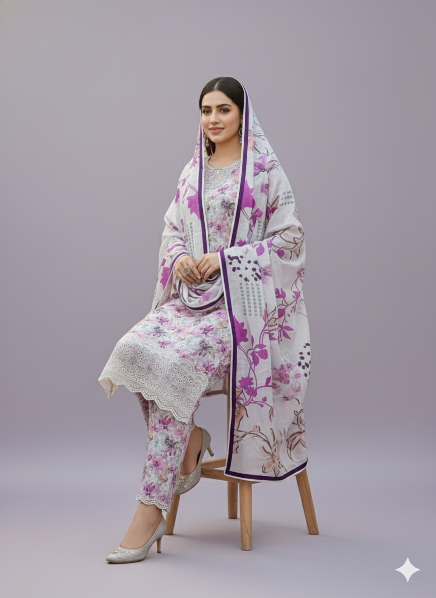 White & Purple Kaddar Unstitched 3-Piece Suit Floral-LKUS-T002