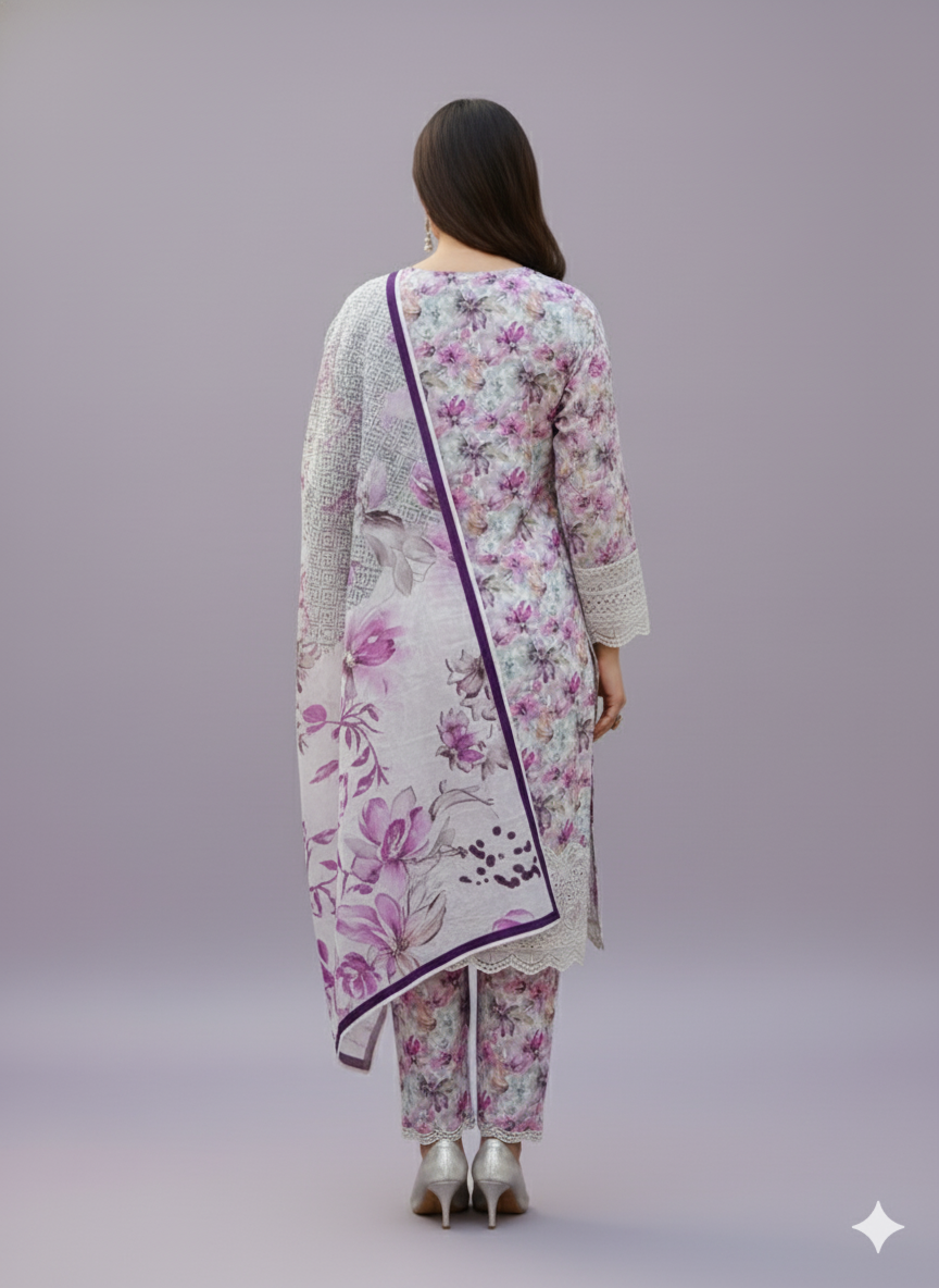 White & Purple Kaddar Unstitched 3-Piece Suit Floral-LKUS-T002