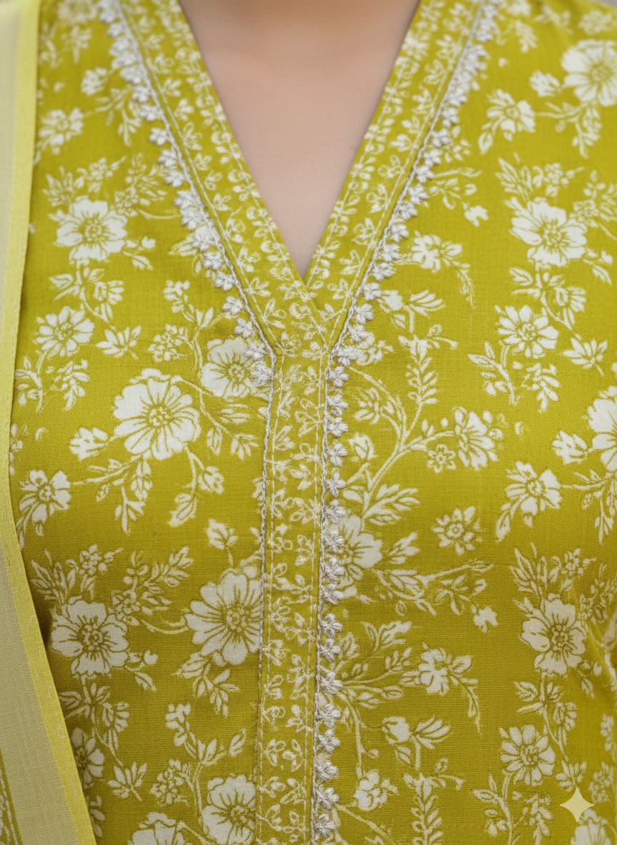Mustard Yellow Floral Kaddar Unstitched 3-Piece Suit Floral-LKUS-T004