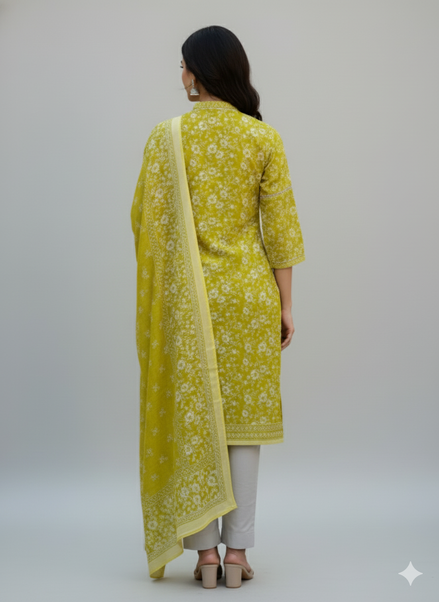 Mustard Yellow Floral Kaddar Unstitched 3-Piece Suit Floral-LKUS-T004