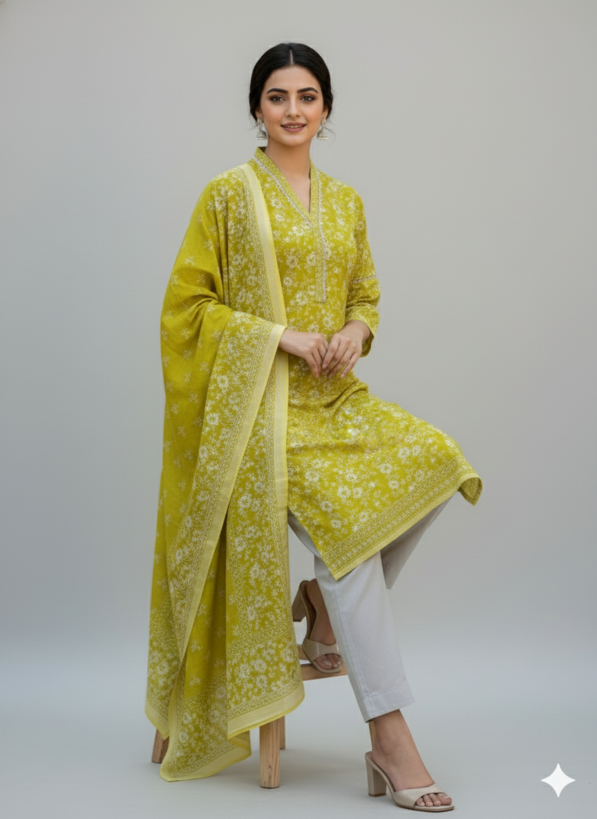 Mustard Yellow Floral Kaddar Unstitched 3-Piece Suit Floral-LKUS-T004