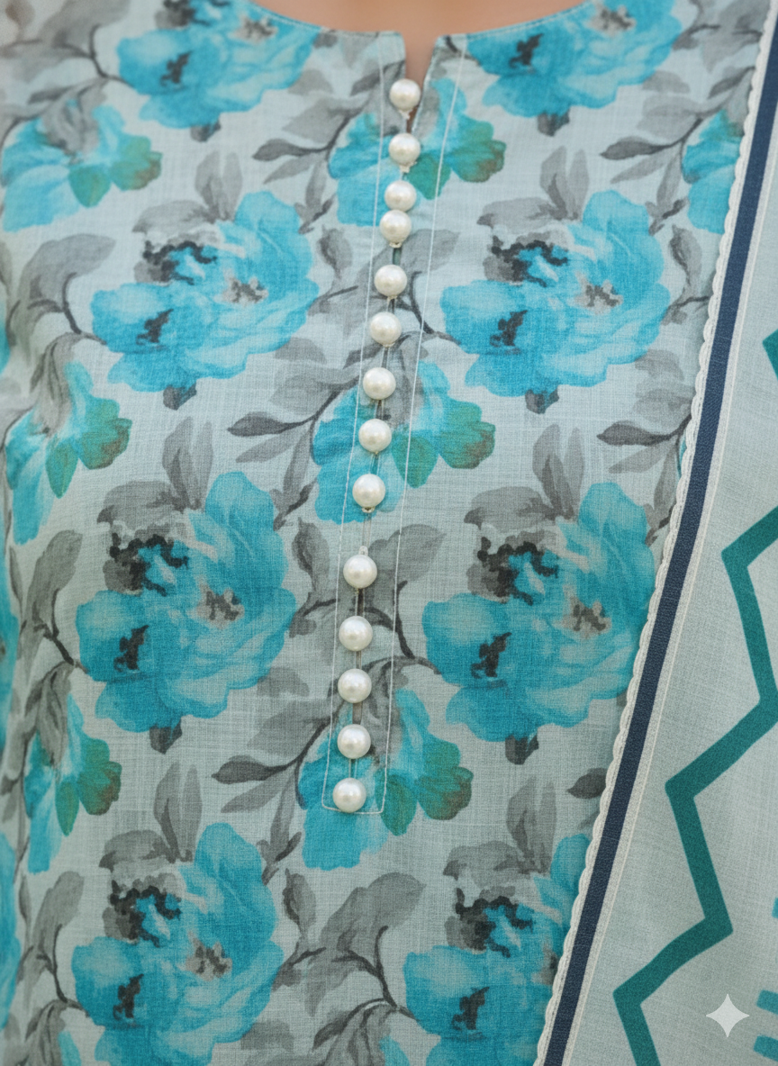 White & Aqua Blue Floral Kaddar Unstitched 3-Piece Suit Floral-LKUS-T003