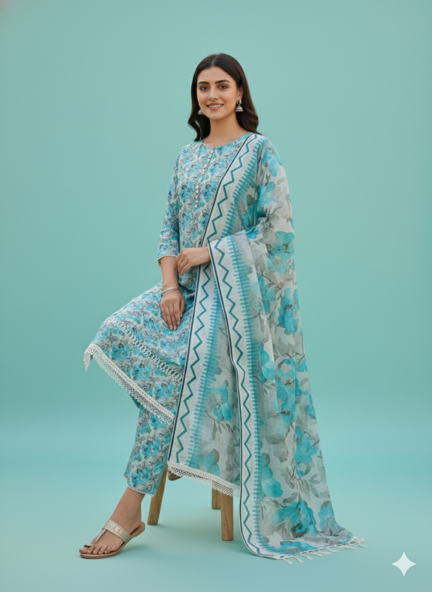 White & Aqua Blue Floral Kaddar Unstitched 3-Piece Suit Floral-LKUS-T003