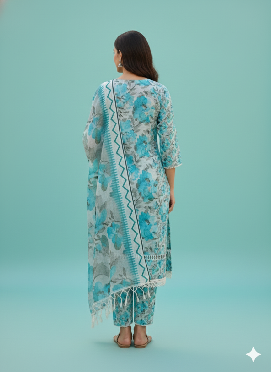 White & Aqua Blue Floral Kaddar Unstitched 3-Piece Suit Floral-LKUS-T003